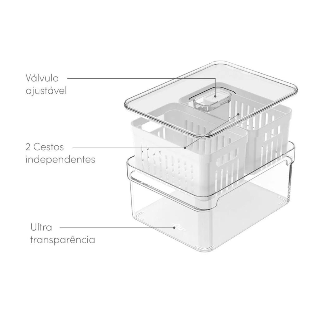 Kit 3 Organizadores de Geladeira com 2 Cestos 2,2L Clear Fresh
