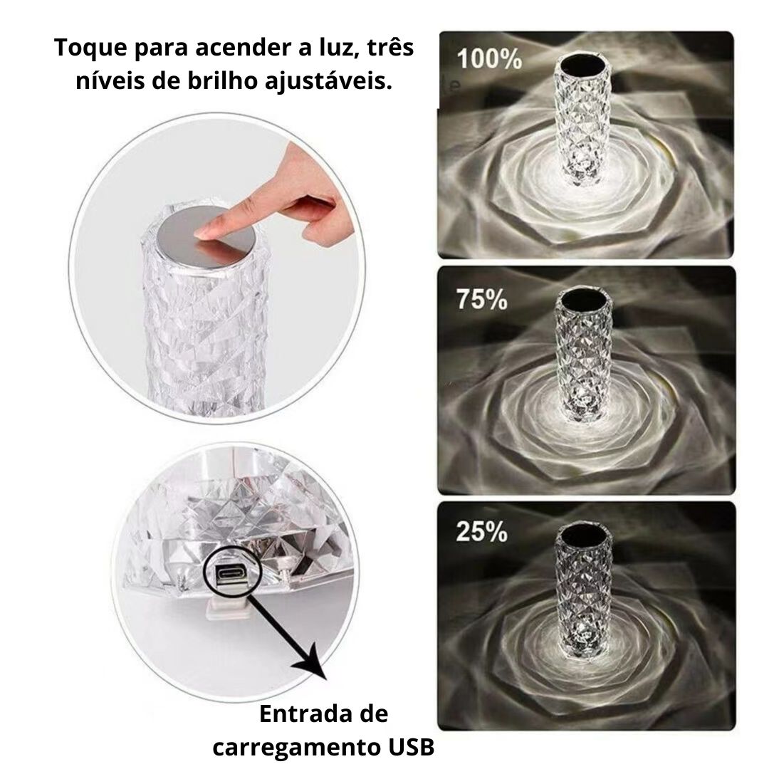 Luminária de Mesa de Cristal LED com 16 Cores de Luz Projetor USB