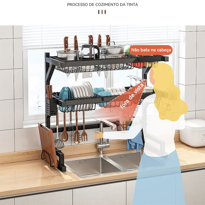 Escorredor De Louça Suspenso Kitchen Rack Aço Inoxidável Organizador Louça Preto 65/85cm Com 4 presentes