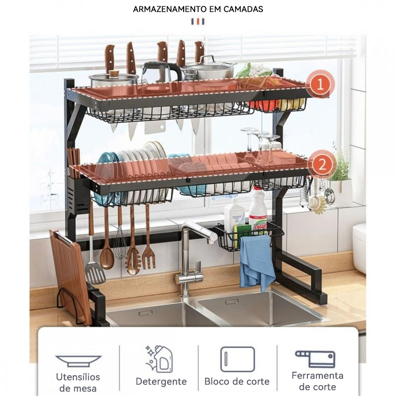 Escorredor De Louça Suspenso Kitchen Rack Aço Inoxidável Organizador Louça Preto 65/85cm Com 4 presentes