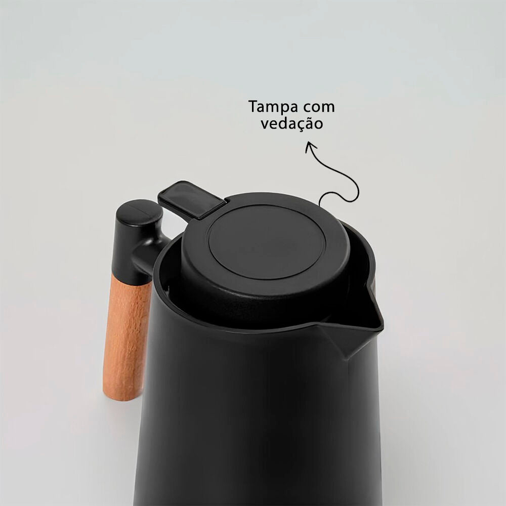 Garrafa Térmica Bule 1 Litro Parede Dupla com Ampola de Vidro e Alça de Madeira
