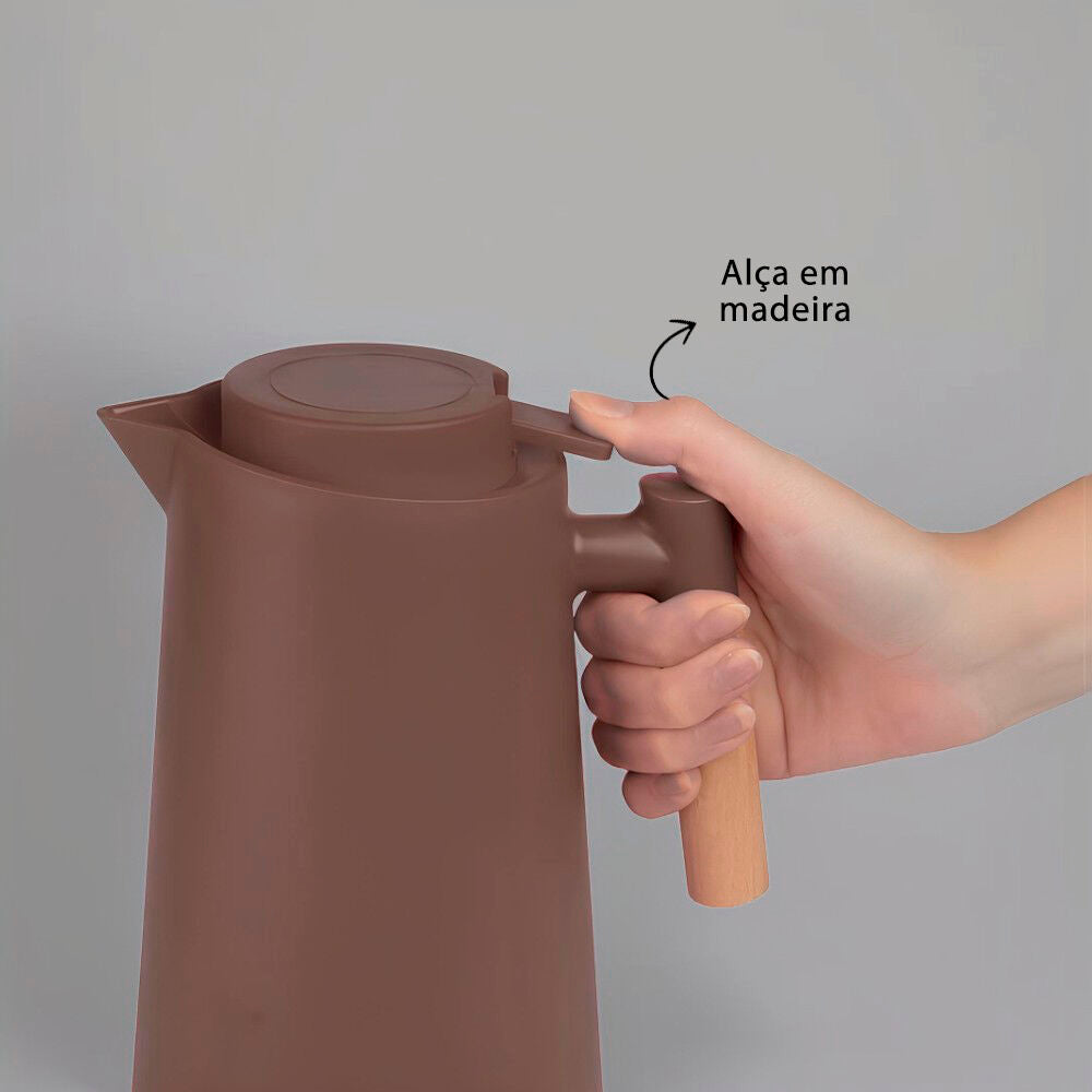 Garrafa Térmica Bule 1 Litro Parede Dupla com Ampola de Vidro e Alça de Madeira