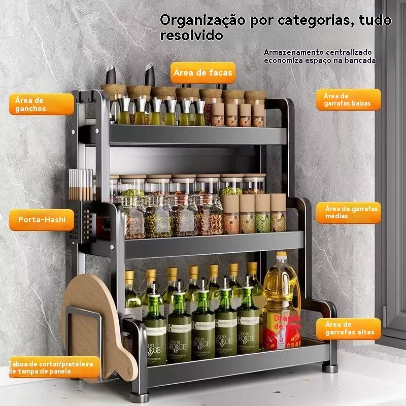 Prateleira de armazenamento de cozinha multifuncional, porta-tempero de aço inoxidável, porta-condimentos