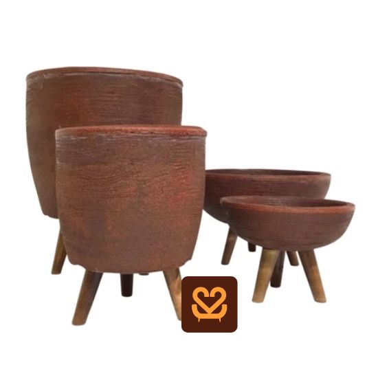 Kit 4 Vasos Para Plantas E Decoração Com Tripé De Madeira