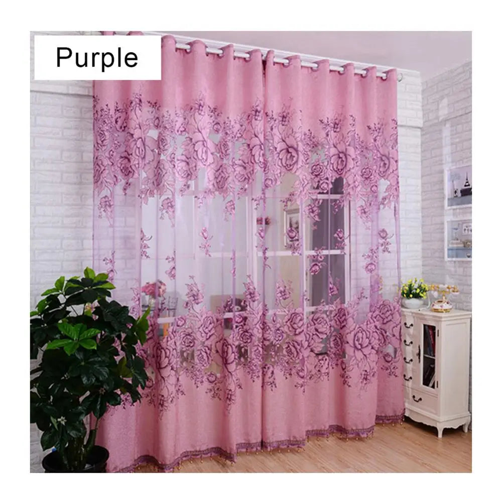 Cortina de Tule Jacquard Floral para Janela - 100x250cm