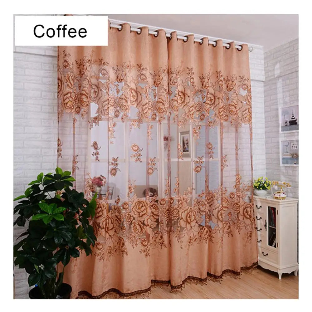 Cortina de Tule Jacquard Floral para Janela - 100x250cm