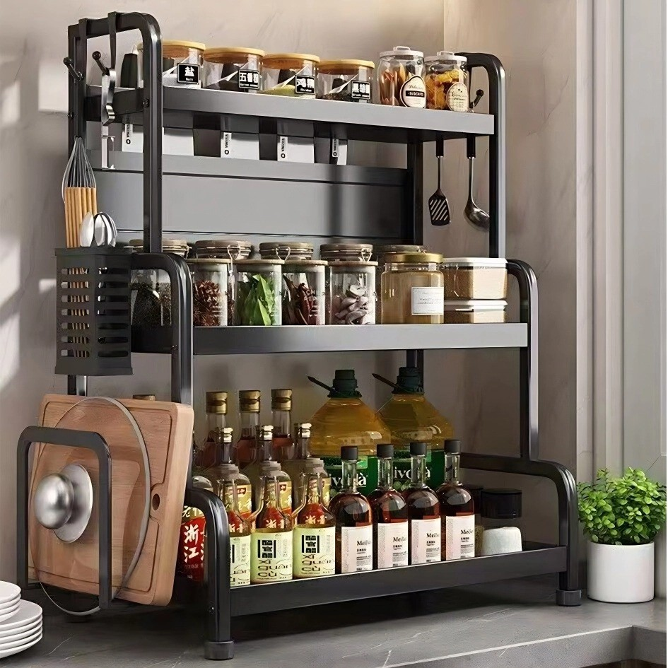 Prateleira de armazenamento de cozinha multifuncional, porta-tempero de aço inoxidável, porta-condimentos